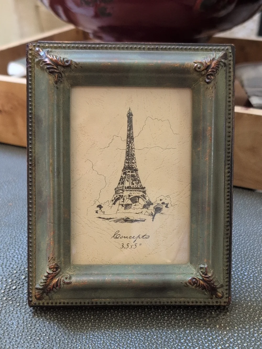 Vintage Green Distressed Picture Frame Copper Accents 3.5